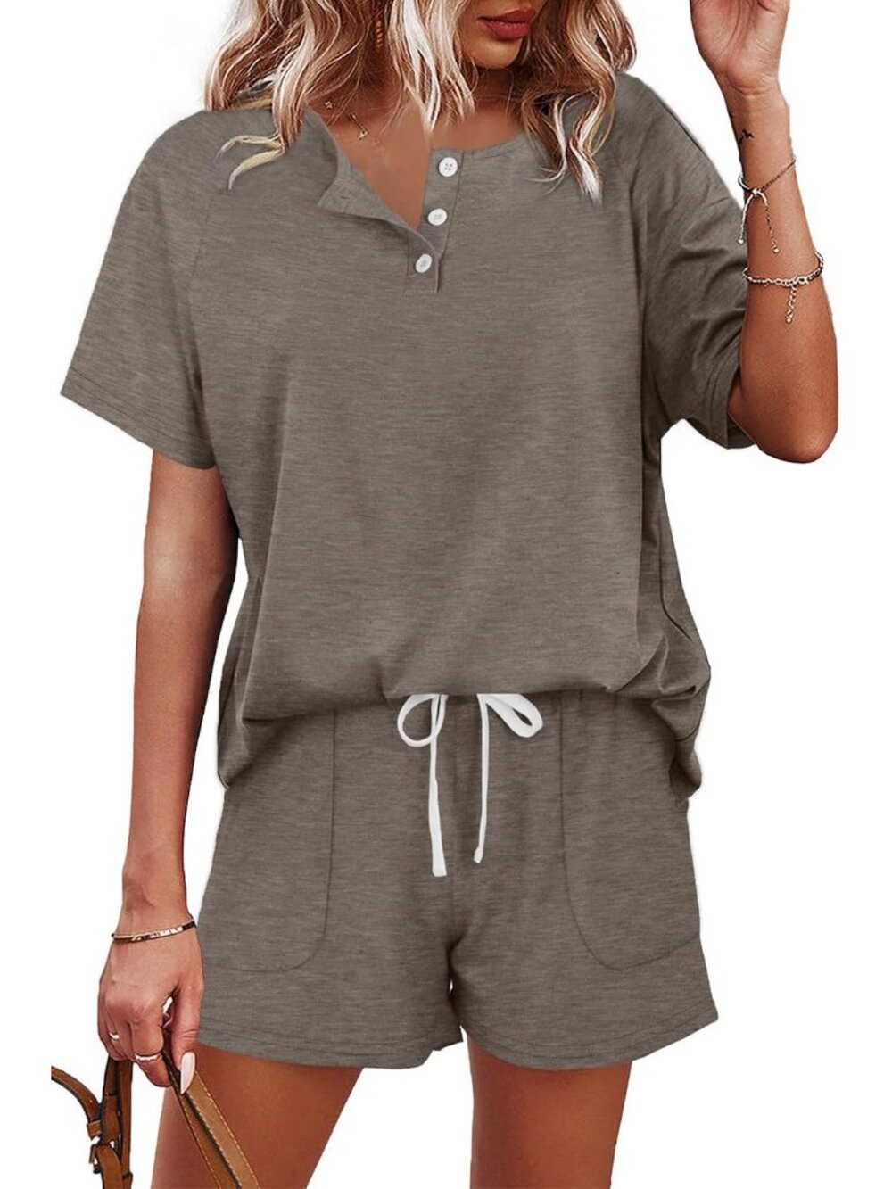 Elegant Women's Two Piece Lounge Set with Pockets - Khaki Button Down & Shorts